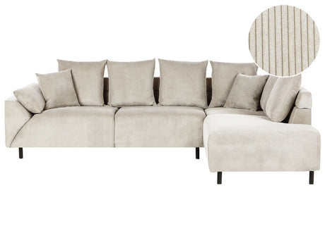 Corner Sofa Beige Corduroy Fabric Cushions Metal Black Legs Retro Design Pillowed Backrest Beliani