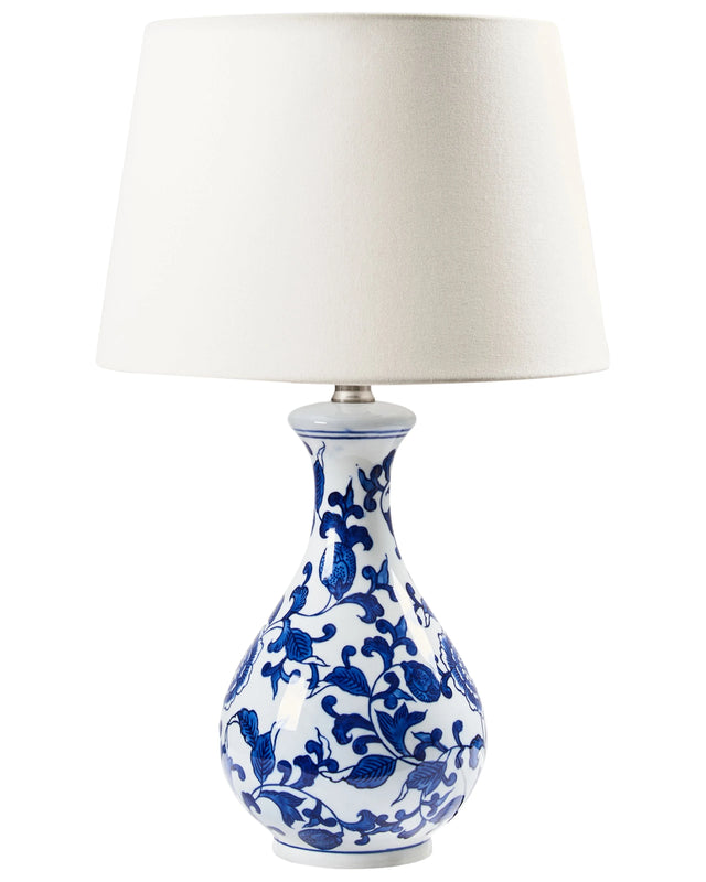 Table Lamp White and Blue Porcelain Base Linen Drum Shade with a Floral Patten Lighting Stylish Beliani