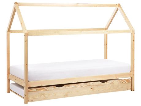 Kids House Trundle Bed Light Wood Pine Wood EU Single Size 3ft Slatted Base Bed for Toddler Modern Nursery Beliani