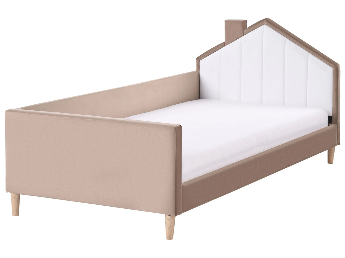 Bed Brown and White Velvet Upholstered Frame Headrest 3ft EU Single Size Bedroom Kids Room Modern Traditional Beliani
