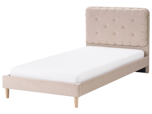 Bed Beige Velvet Upholstered Frame Headrest 3ft EU Single Size Bedroom Kids Room Modern Traditional Beliani