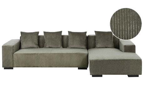 Left Hand Corner Sofa Green Corduroy L-Shaped 4 Seater Jumbo Cord with Throw Pillows Modern Design Beliani