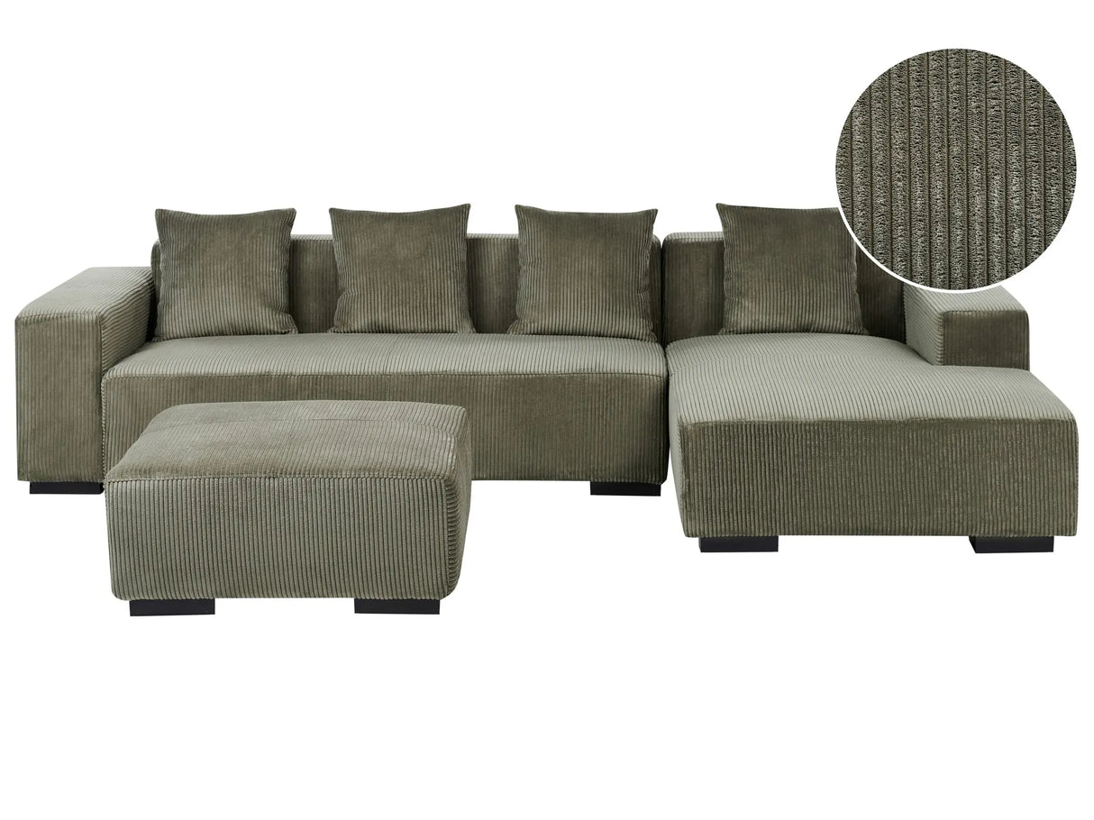 Left Hand Corner Sofa with Ottoman Green Corduroy L-Shaped 4 Seater Jumbo Cord with Throw Pillows Modern Design Beliani