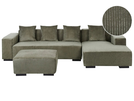 Left Hand Corner Sofa with Ottoman Green Corduroy L-Shaped 4 Seater Jumbo Cord with Throw Pillows Modern Design Beliani