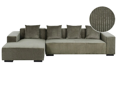 Right Hand Corner Sofa Green Corduroy L-Shaped 4 Seater Jumbo Cord with Throw Pillows Modern Design Beliani