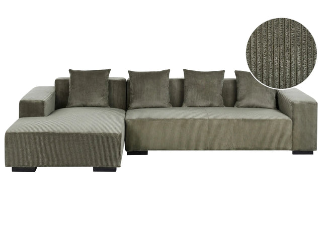 Right Hand Corner Sofa Green Corduroy L-Shaped 4 Seater Jumbo Cord with Throw Pillows Modern Design Beliani