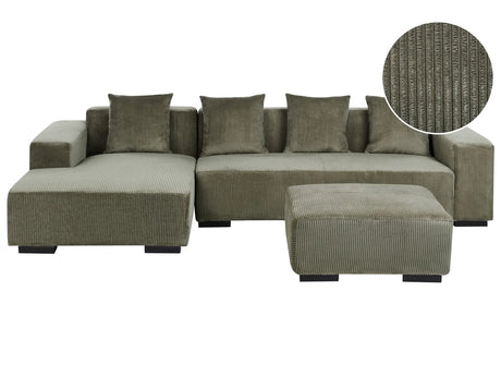 Right Hand Corner Sofa with Ottoman Green Corduroy L-Shaped 4 Seater Jumbo Cord with Throw Pillows Modern Design Beliani
