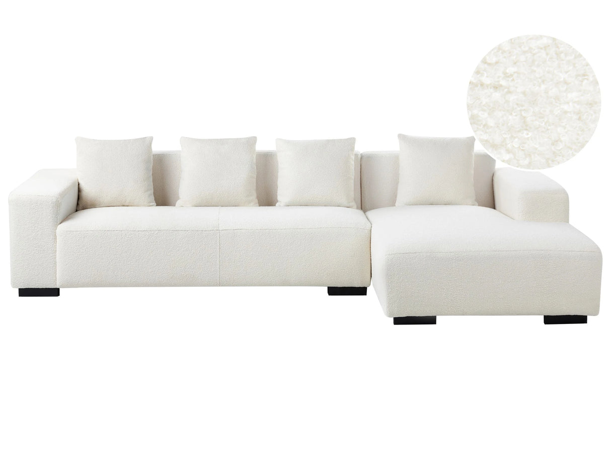 Left Hand Corner Sofa White Boucle L-Shaped 4 Seater with Throw Pillows Modern Design Beliani