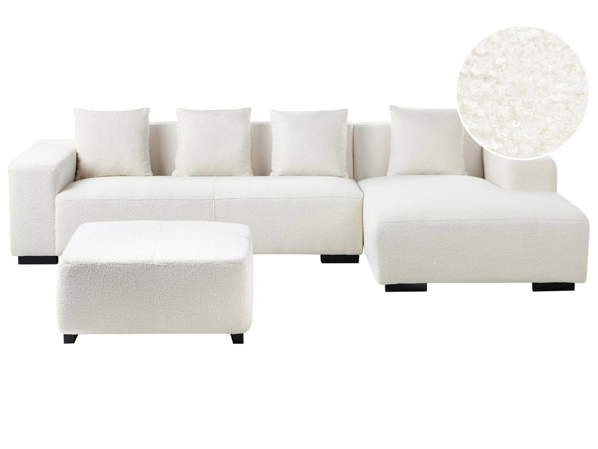 Left Hand Corner Sofa with Ottoman White Boucle L-Shaped 4 Seater with Throw Pillows Modern Design Beliani