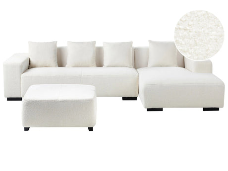 Left Hand Corner Sofa with Ottoman White Boucle L-Shaped 4 Seater with Throw Pillows Modern Design Beliani