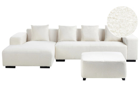 Right Hand Corner Sofa with Ottoman White Boucle L-Shaped 4 Seater with Throw Pillows Modern Design Beliani