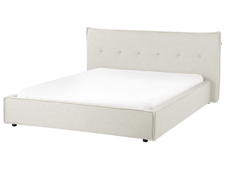 EU King Size Waterbed Off-White Linen Fabric Upholstery 5ft3 Black Legs with Headboard and Slatted Bed Frame Bedroom Furniture Beliani