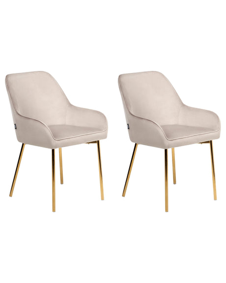 Set of 2 Dining Chairs Beige Velvet Upholstery Gold Legs Retro Glamour Beliani