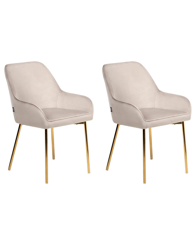 Set of 2 Dining Chairs Beige Velvet Upholstery Gold Legs Retro Glamour Beliani