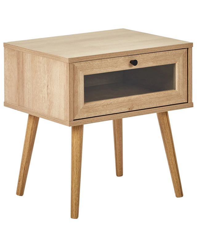 Bedside Table Light Brown Particle Board Pine Wood Legs 1 Storage Drawer with Glass Doors Minimalist Style Beliani