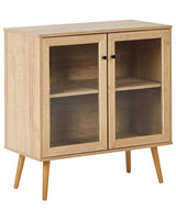 2 Door Sideboard Light Brown Particle Board Pine Wood Legs 1 Shelf with Glass Front Minimalist Style Beliani