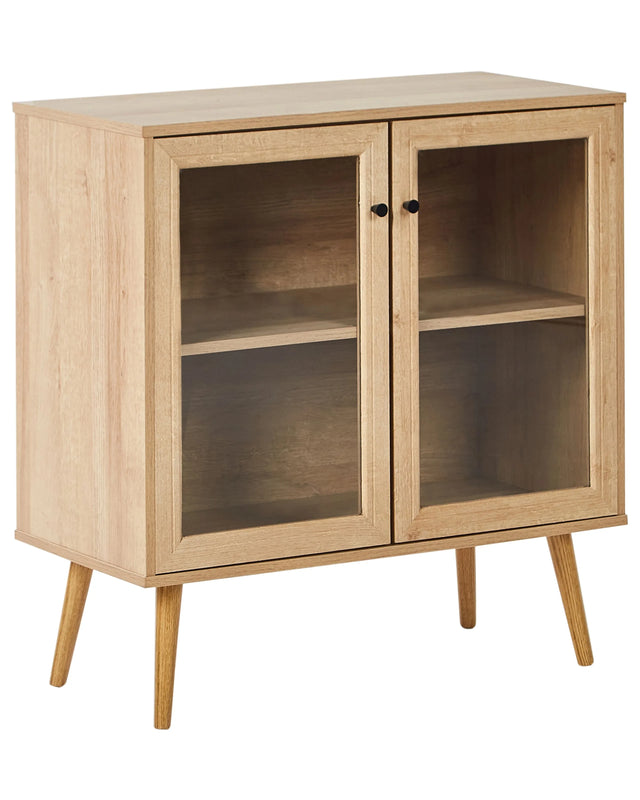 2 Door Sideboard Light Brown Particle Board Pine Wood Legs 1 Shelf with Glass Front Minimalist Style Beliani