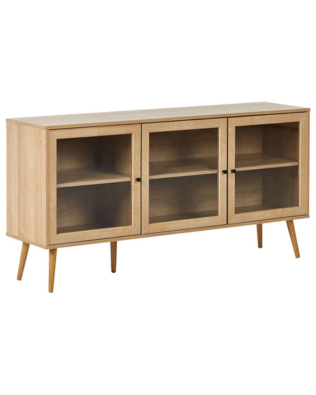 3 Door Sideboard Light Brown Particle Board Pine Wood Legs 2 Shelves with Glass Front Minimalist Style Beliani