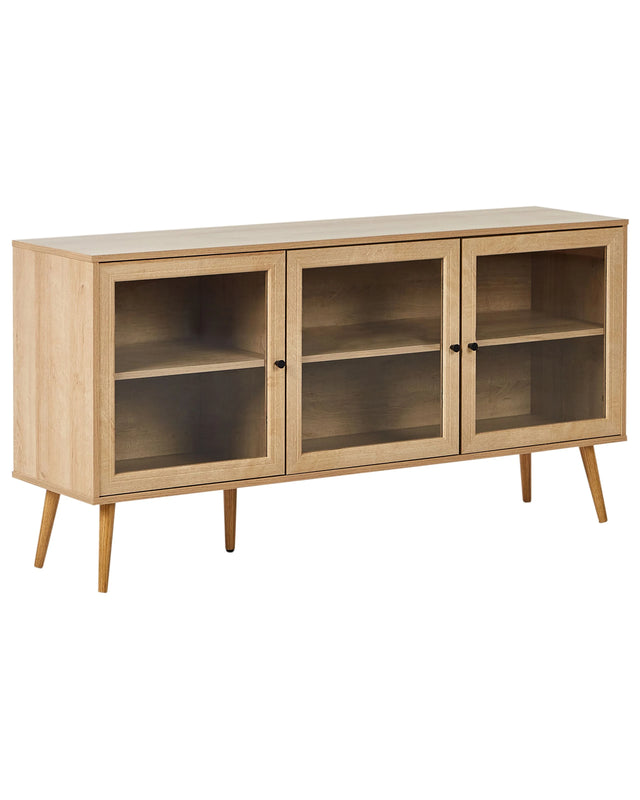 3 Door Sideboard Light Brown Particle Board Pine Wood Legs 2 Shelves with Glass Front Minimalist Style Beliani