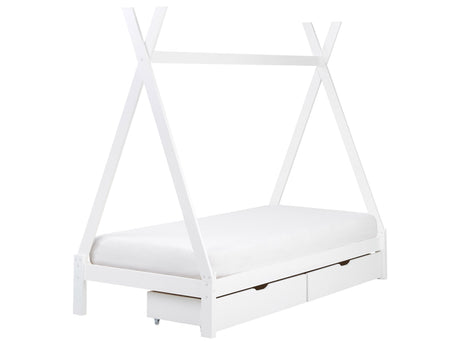 Kids Teepee Bed White Pine EU Single Bed Frame with Slats and Drawers Beliani