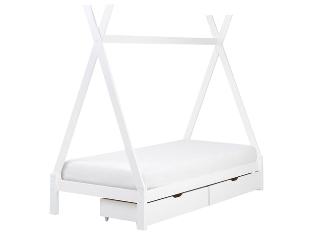 Kids Teepee Bed White Pine EU Single Bed Frame with Slats and Drawers Beliani