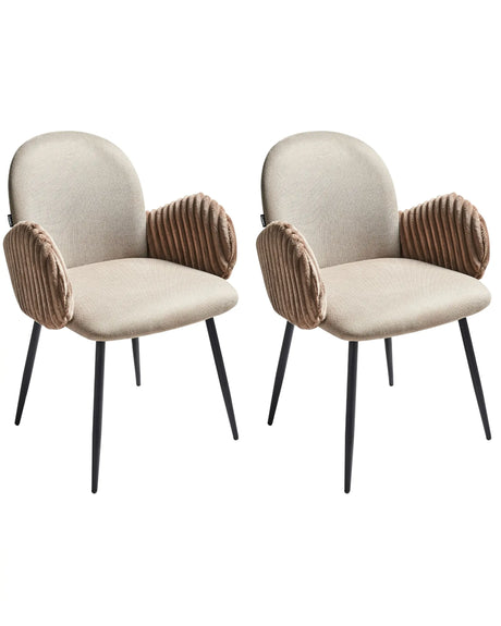Set of 2 Dining Chairs Taupe Fabric Upholstery With Velvet Armrests Retro Beliani