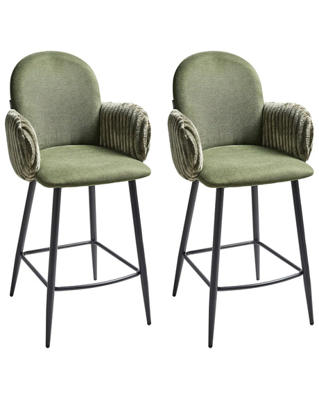 Set of 2 Bar Chairs Green Fabric Upholstery With Velvet Armrests Retro Beliani