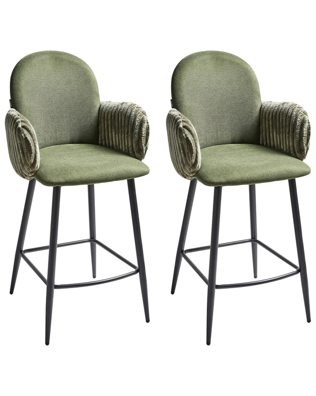 Set of 2 Bar Chairs Green Fabric Upholstery With Velvet Armrests Retro Beliani