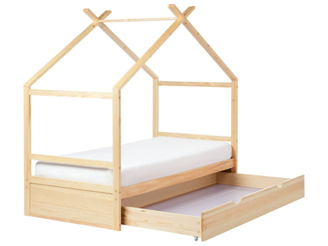 Kids House Bed Light Pine Wood EU Single Size 3ft with Slatted Frame Storage Drawer Bed for Toddler Beliani