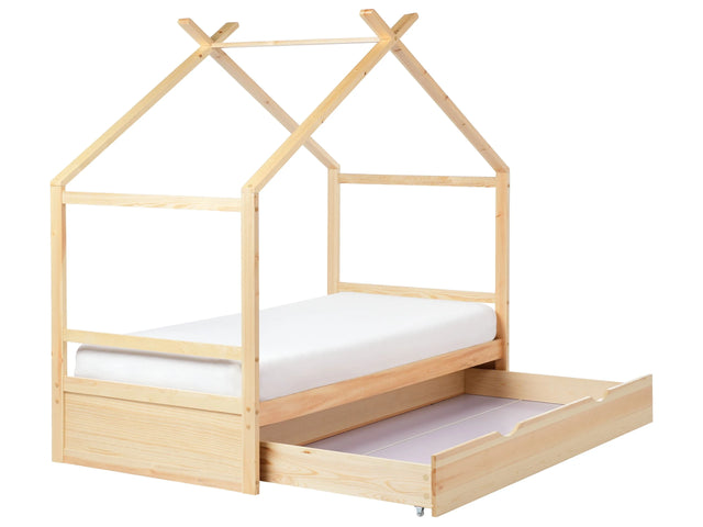 Kids House Bed Light Pine Wood EU Single Size 3ft with Slatted Frame Storage Drawer Bed for Toddler Beliani