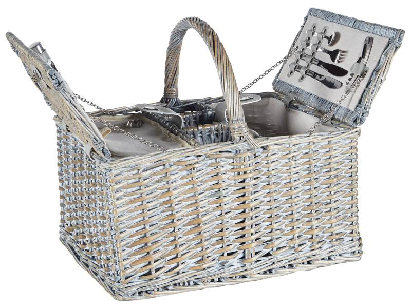 4 Person Picnic Hamper Grey Wicker with Cutlery Set Plates Wine Glasses and Cool Bag with Corkscrew Washed Finish Beliani