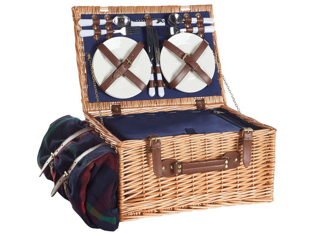 4 Person Picnic Hamper Natural and Grey Wicker with Cutlery Set Plates Wine Glasses and Cool Bag with Corkscrew Blanket Included Washed Finish Beliani