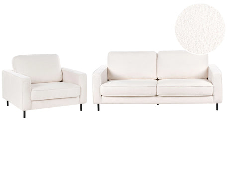 Sofa Set White Boucle Polyester 3 Seater Sofa Armchair Retro Living Room Design Beliani