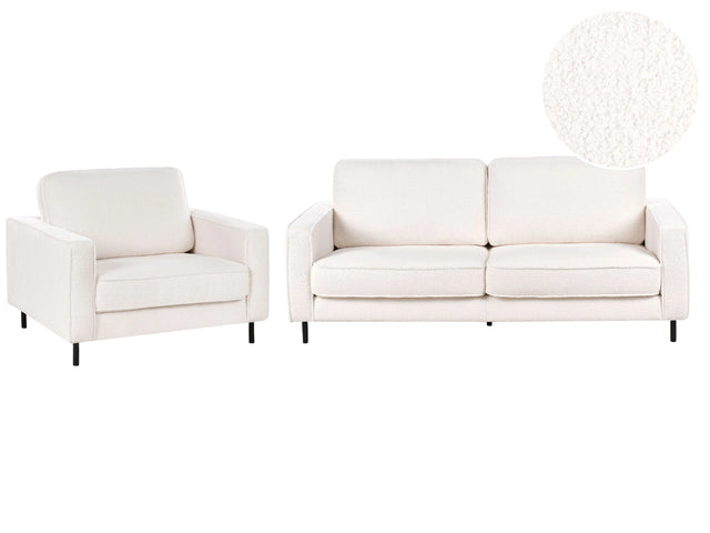 Sofa Set White Boucle Polyester 3 Seater Sofa Armchair Retro Living Room Design Beliani