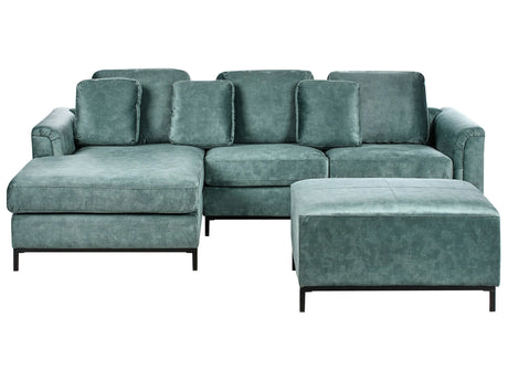 Velvet Corner Sofa with Ottoman Teal Blue Water-Repellent Pet-Friendly Fabric Upholstered L-Shape Right-Hand Orientation Beliani