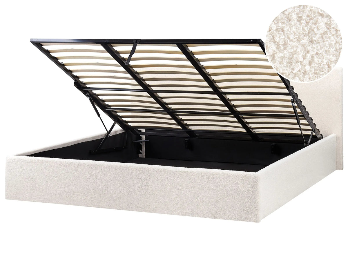 Bed Frame Off White Boucle EU Super King Size 6ft Lift Up Storage with Headboard Beliani