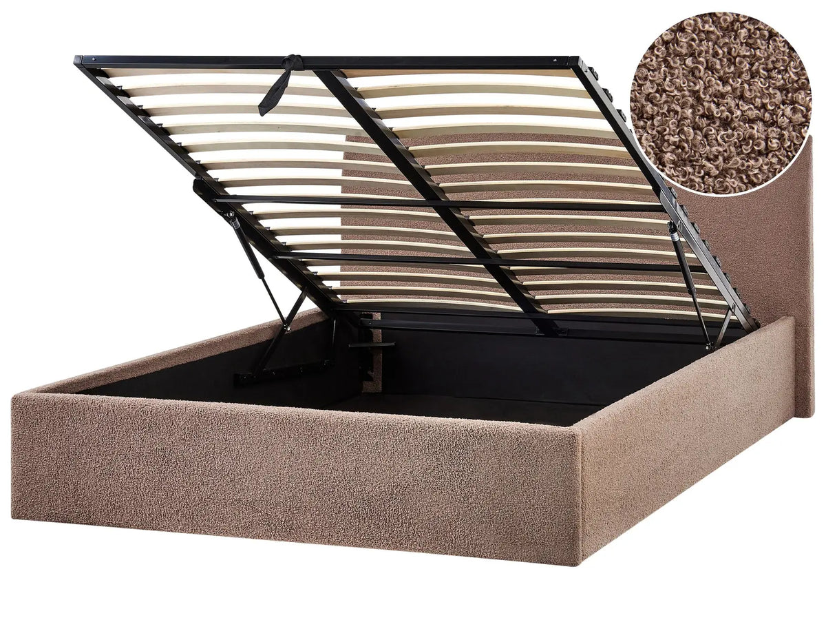 Bed Frame Brown Boucle EU Double Size 4ft6 Lift Up Storage with Headboard Beliani
