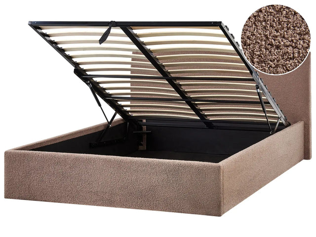Bed Frame Brown Boucle EU Double Size 4ft6 Lift Up Storage with Headboard Beliani