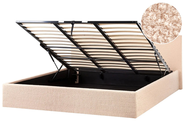 Bed Frame Beige Boucle EU Super King Size 6ft Lift Up Storage with Headboard Beliani