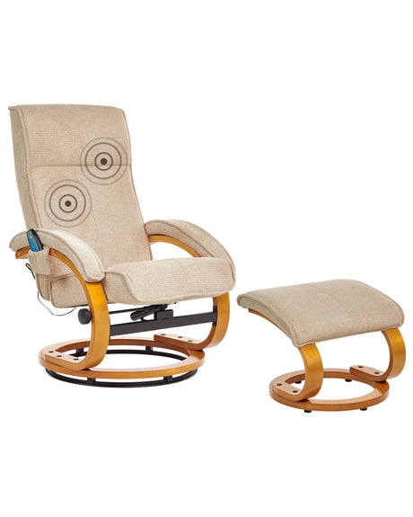 Recliner Armchair Beige with Footstool Polyester Fabric Upholstered Wooden Frame Heating Massage Function Retro Design Beliani
