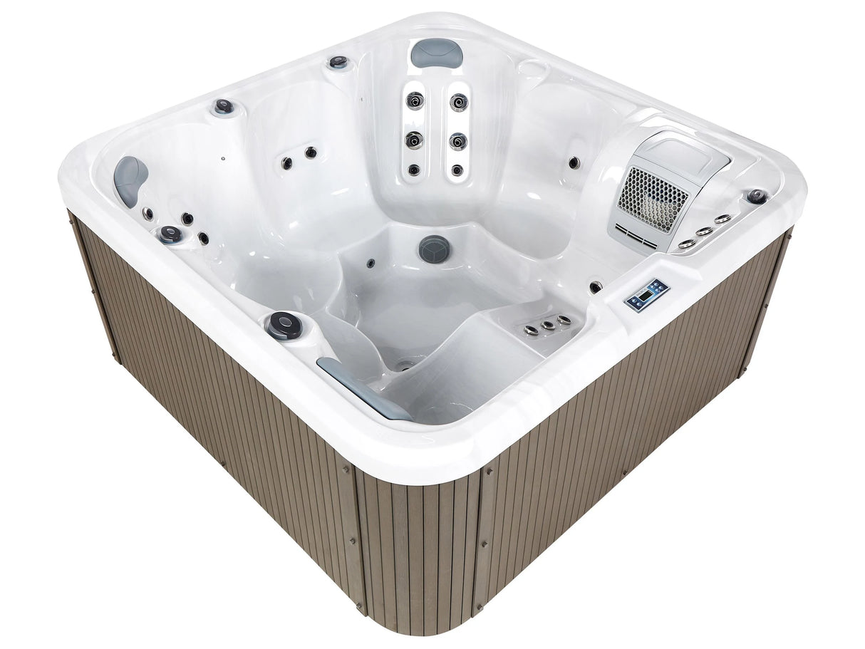 Hot Tub White Acrylic 200 x 200 cm 33 Jets Brown Exterior Panels with LED Heating Beliani