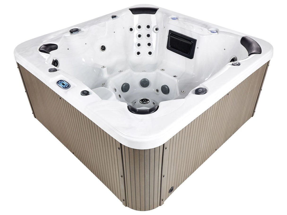 Hot Tub White Acrylic 225 x 225 cm 55 Jets Brown Exterior Panels with LED Heating Beliani