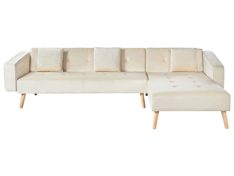 Corner Sofa Bed with 3 Pillows Light Beige Velvet Upholstery Light Wood Legs Reclining Left Hand Chaise Longue 4 Seater Beliani