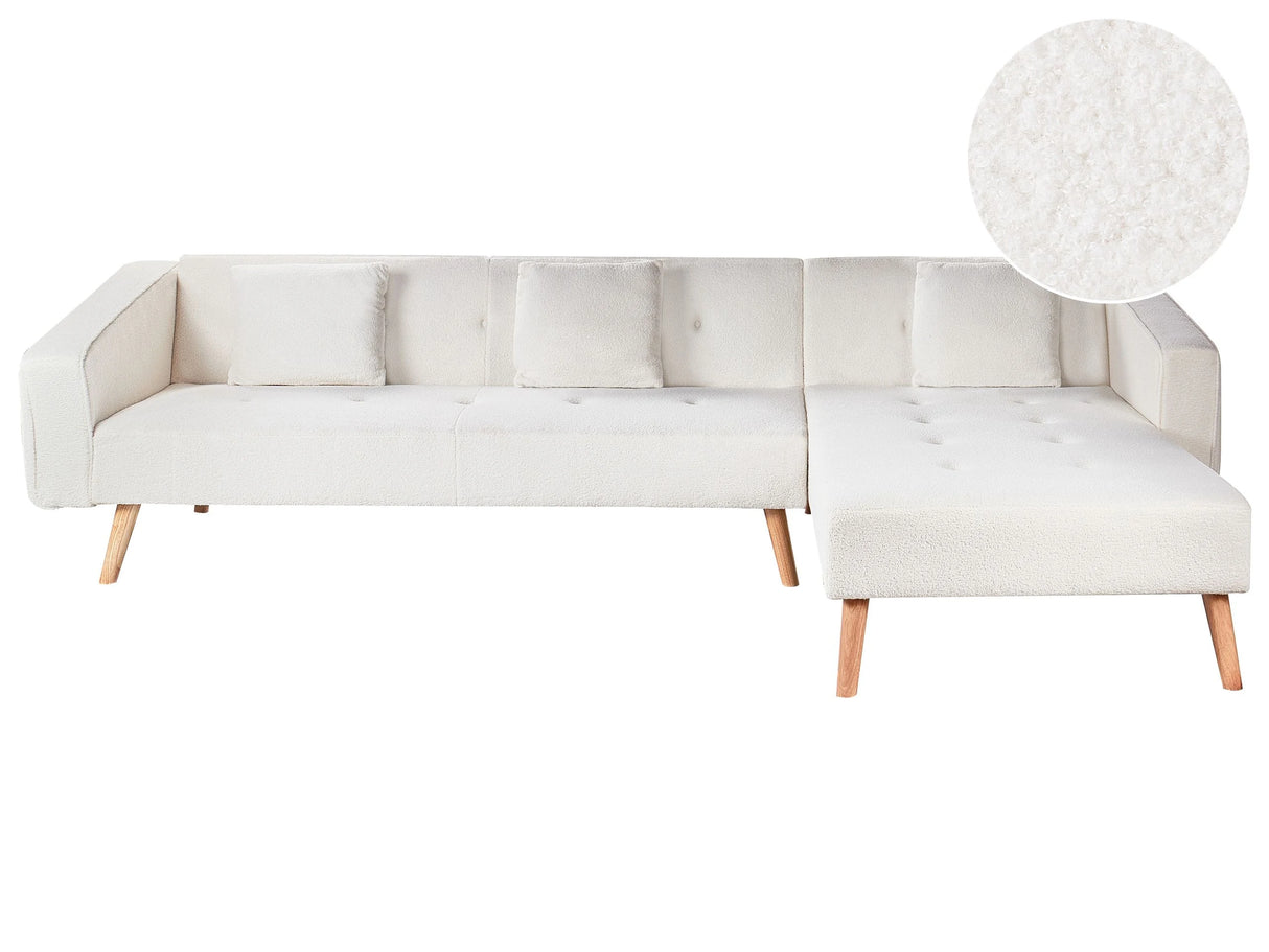 Corner Sofa Bed with 3 Pillows Off-White Boucle Upholstery Light Wood Legs Reclining Left Hand Chaise Longue 4 Seater Beliani