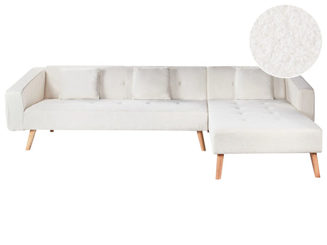 Corner Sofa Bed with 3 Pillows Off-White Boucle Upholstery Light Wood Legs Reclining Left Hand Chaise Longue 4 Seater Beliani