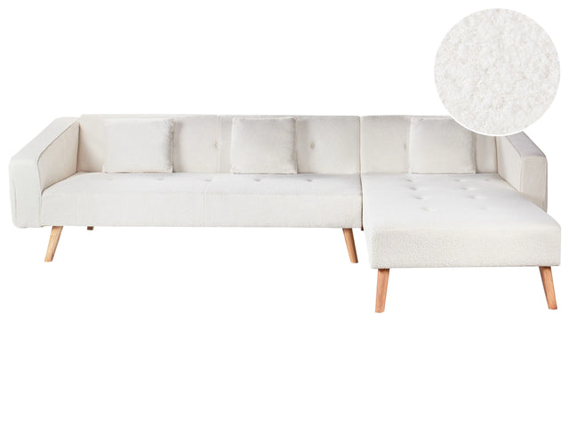 Corner Sofa Bed with 3 Pillows Off-White Boucle Upholstery Light Wood Legs Reclining Left Hand Chaise Longue 4 Seater Beliani