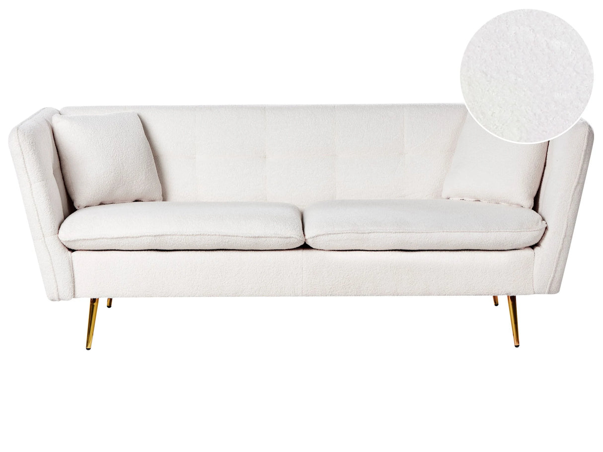 3 Seater Sofa Off-White Boucle Fabric Upholstery Button Tufted with Gold Legs Beliani