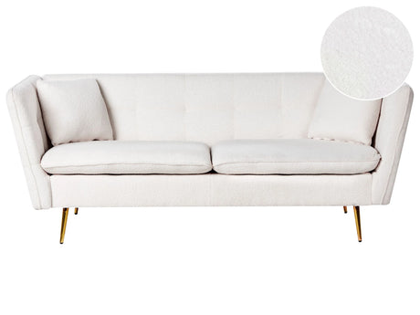 3 Seater Sofa Off-White Boucle Fabric Upholstery Button Tufted with Gold Legs Beliani