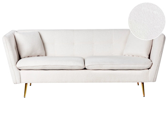 3 Seater Sofa Off-White Boucle Fabric Upholstery Button Tufted with Gold Legs Beliani