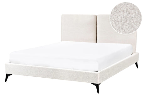 EU Double Size Panel Bed Off White Boucle Fabric 4ft6 Slatted Base with Padded Headboard Upholstered Modern Design Beliani